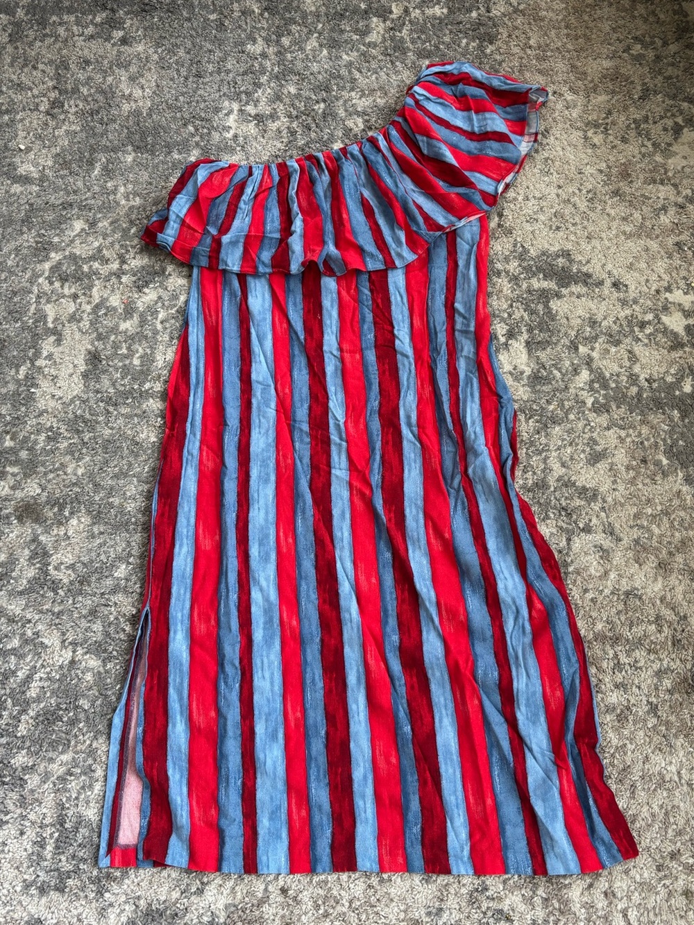 Pomander Place One-Shoulder Red and Blue Striped Dress